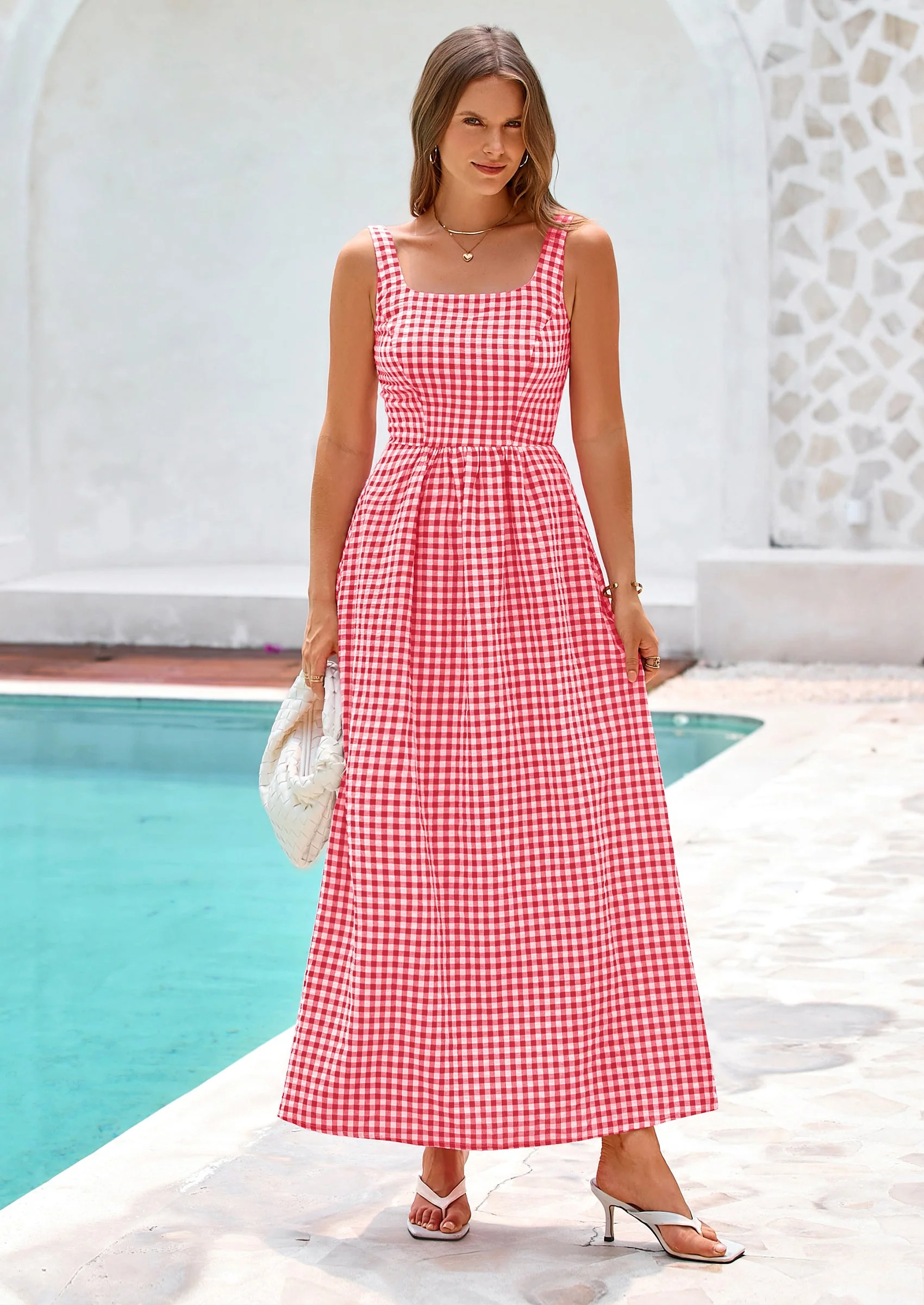 PRETTYGARDEN Women's Summer Spaghetti Strap Maxi Dresses Plaid Square Neck A Line Casual Beach Vacation Long Sundress - Image 32