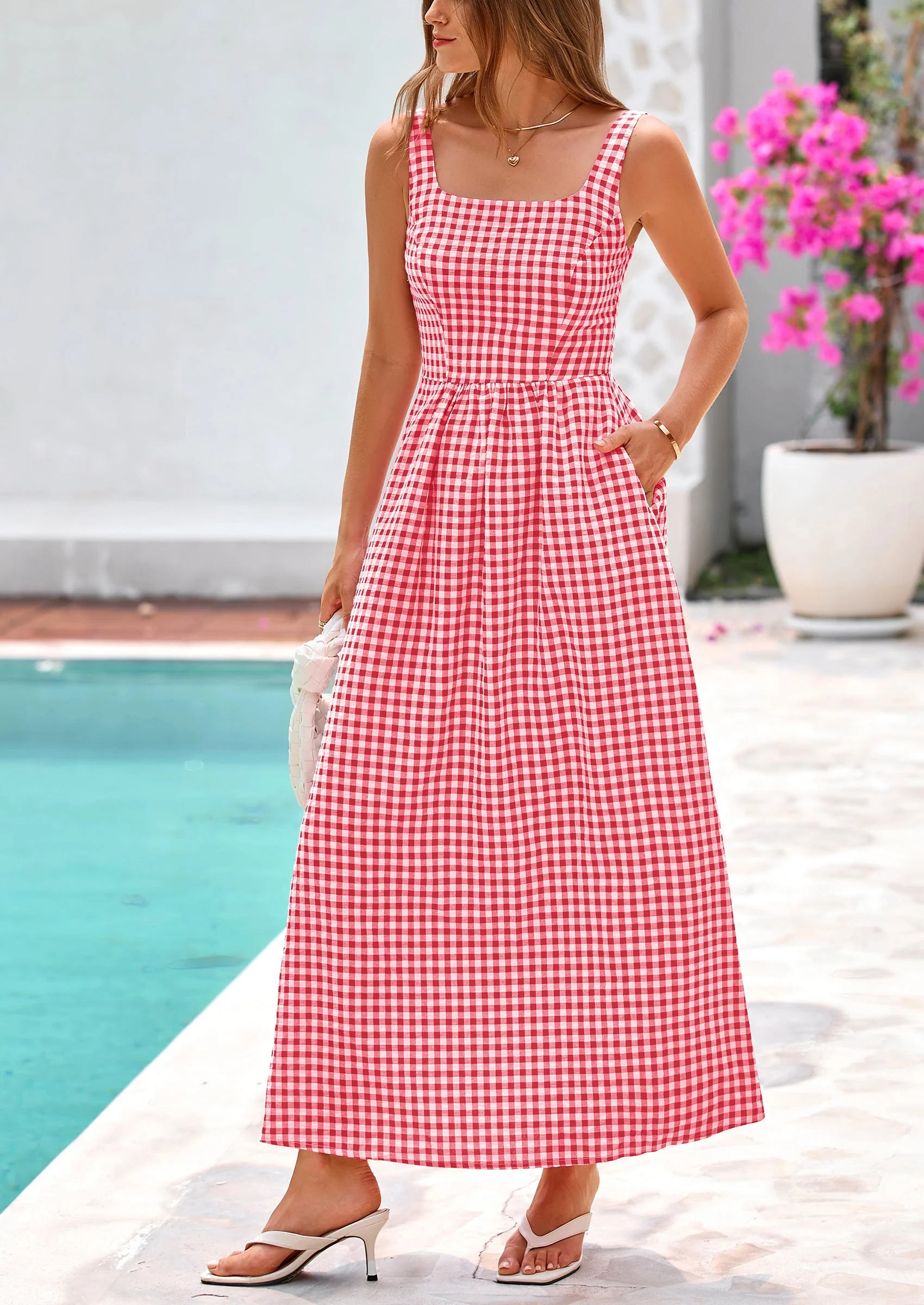 PRETTYGARDEN Women's Summer Spaghetti Strap Maxi Dresses Plaid Square Neck A Line Casual Beach Vacation Long Sundress - Image 34