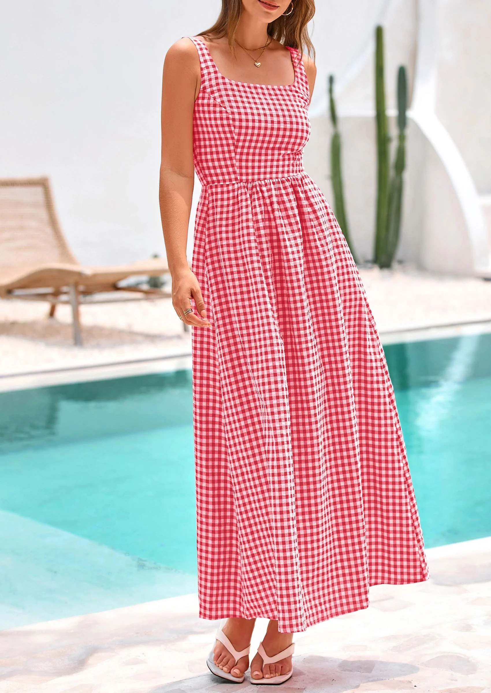 PRETTYGARDEN Women's Summer Spaghetti Strap Maxi Dresses Plaid Square Neck A Line Casual Beach Vacation Long Sundress - Image 35