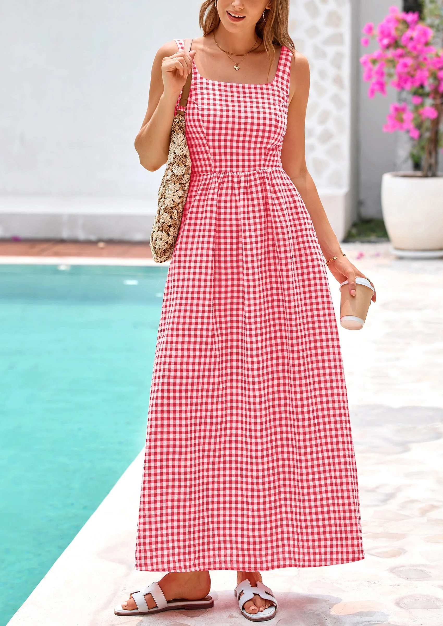 PRETTYGARDEN Women's Summer Spaghetti Strap Maxi Dresses Plaid Square Neck A Line Casual Beach Vacation Long Sundress - Image 36
