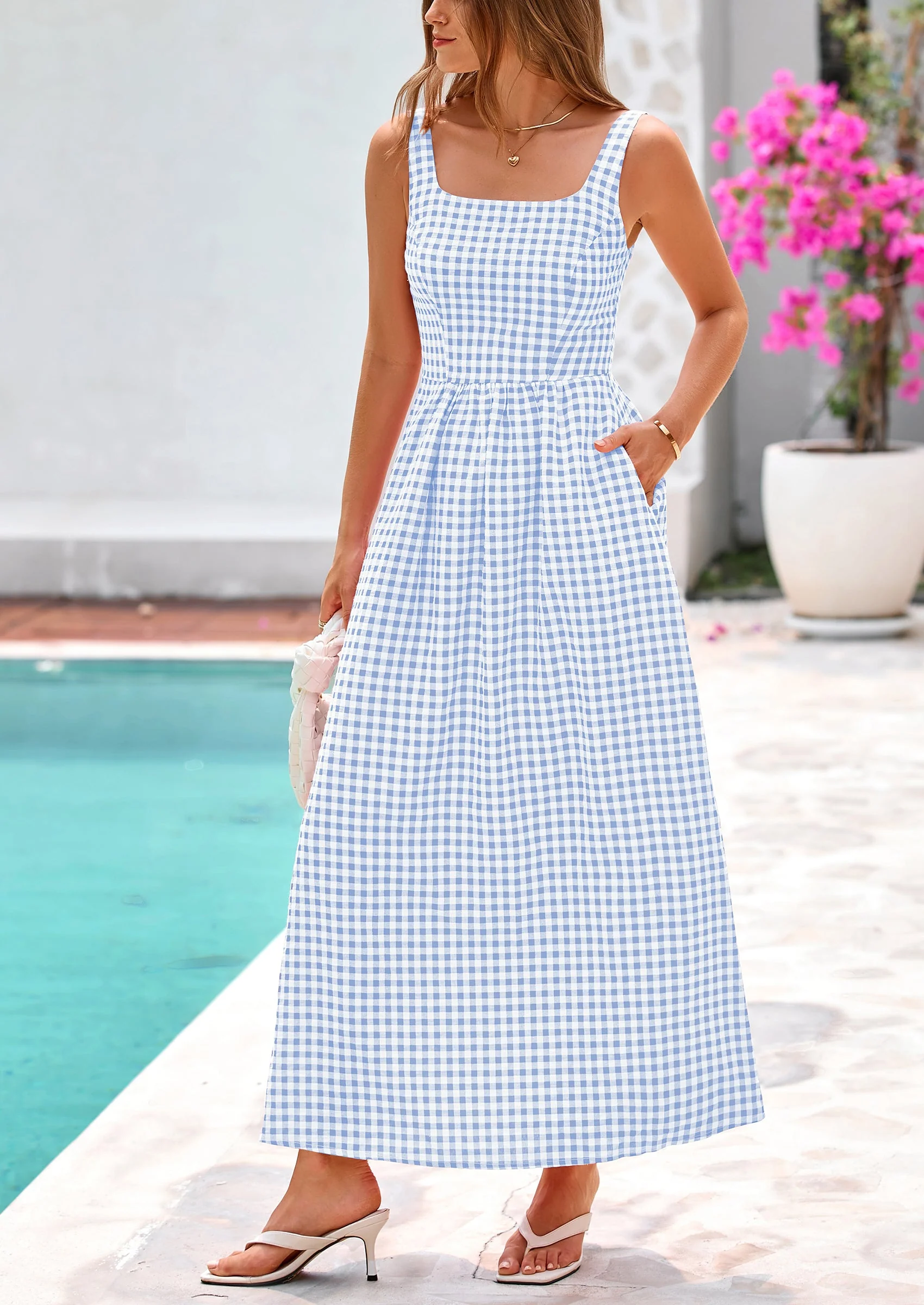 PRETTYGARDEN Women's Summer Spaghetti Strap Maxi Dresses Plaid Square Neck A Line Casual Beach Vacation Long Sundress - Image 4