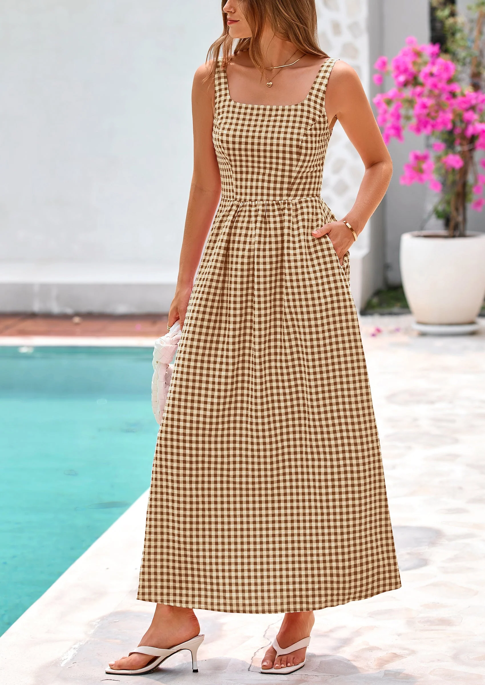 PRETTYGARDEN Women's Summer Spaghetti Strap Maxi Dresses Plaid Square Neck A Line Casual Beach Vacation Long Sundress - Image 40