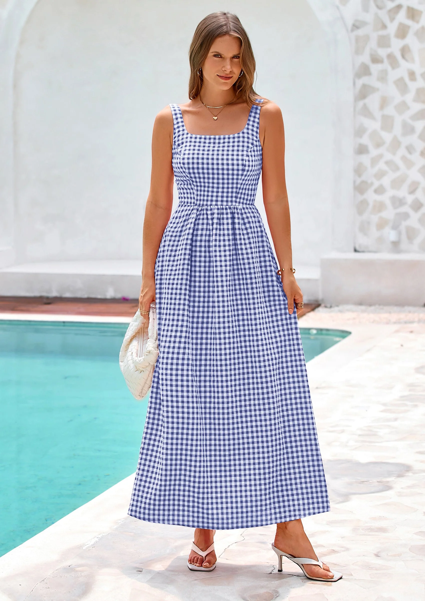 PRETTYGARDEN Women's Summer Spaghetti Strap Maxi Dresses Plaid Square Neck A Line Casual Beach Vacation Long Sundress - Image 8